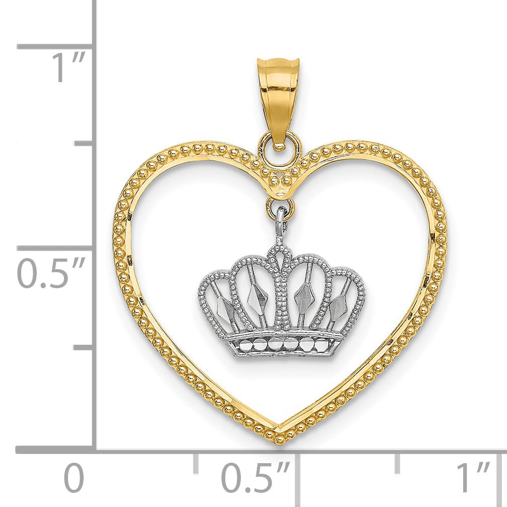 Lovely Rita's Pendants & Charms 14k Yellow Gold Beaded Heart Design with Dangling Crown Charm Pendant