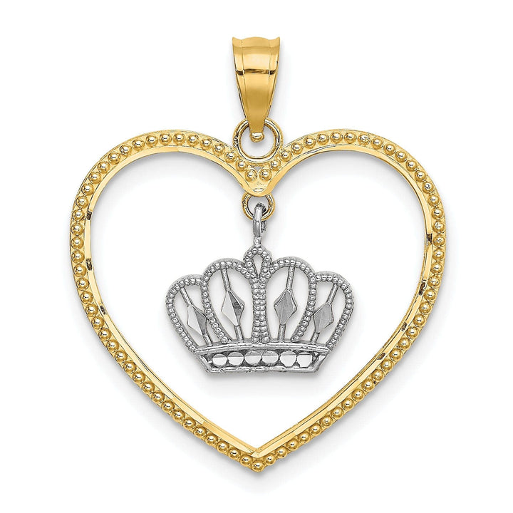 Lovely Rita's Pendants & Charms 14k Yellow Gold Beaded Heart Design with Dangling Crown Charm Pendant
