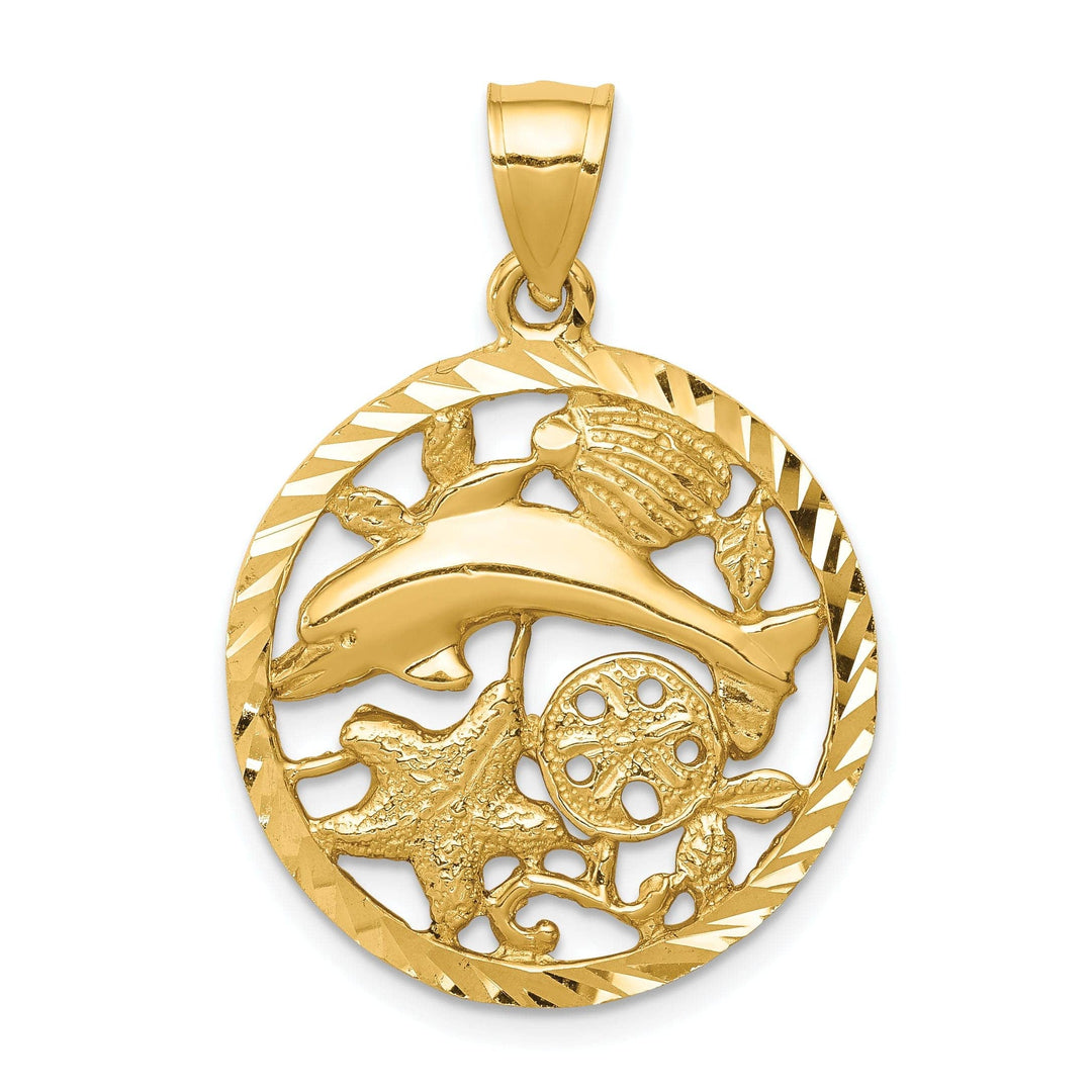 Lovely Rita's Pendants & Charms 14k Yellow Gold Casted Solid Diamond-cut Dolphin and Shells Circle Polished Finish  Charm Pendant