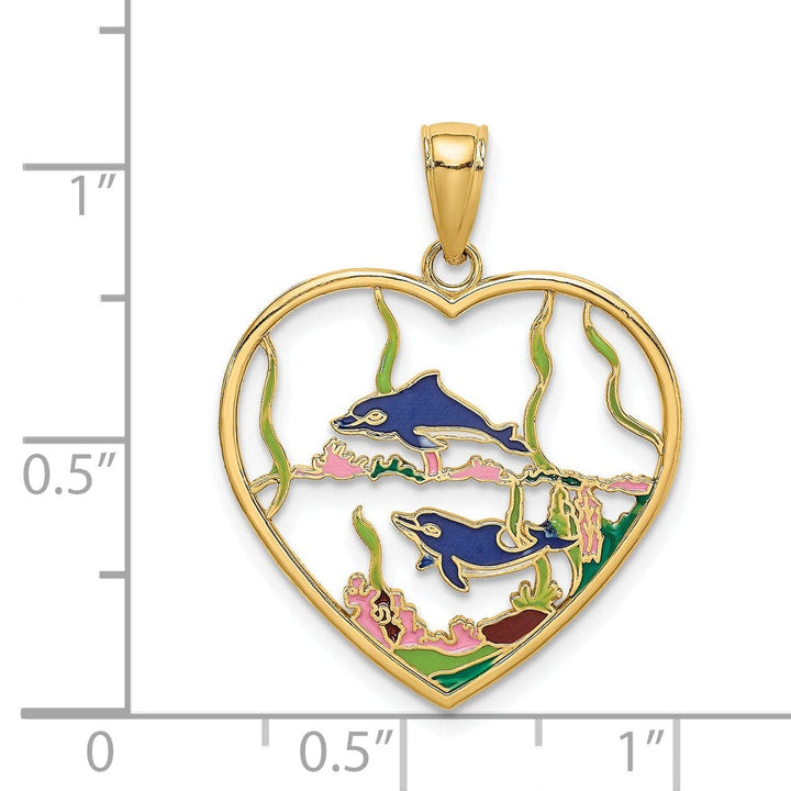 Lovely Rita's Pendants & Charms 14k Yellow Gold Casted Solid Multi-colored Enamel Polished Finish Dolphins In Heart Charm Pendant