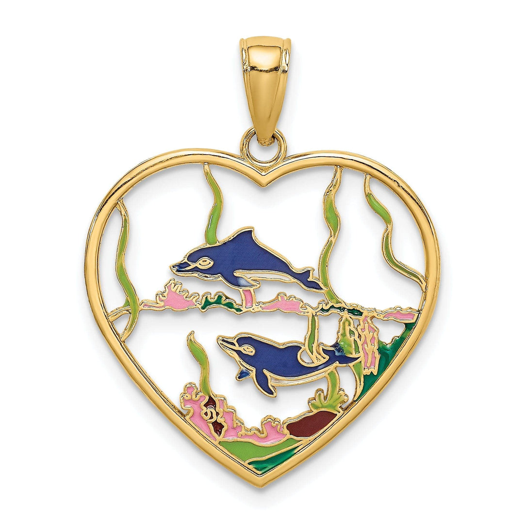 Lovely Rita's Pendants & Charms 14k Yellow Gold Casted Solid Multi-colored Enamel Polished Finish Dolphins In Heart Charm Pendant