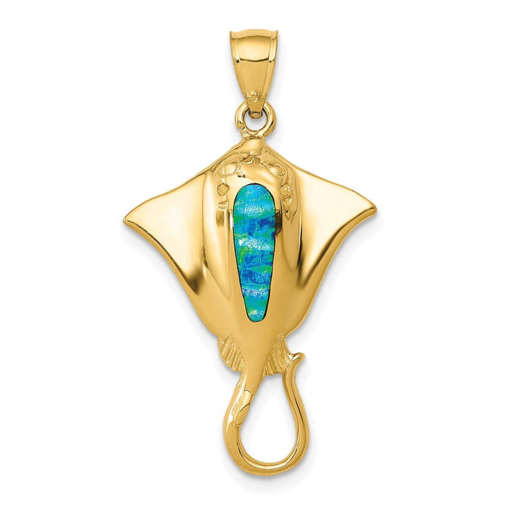 Lovely Rita's Pendants & Charms 14k Yellow Gold Casted Solid Open Back Polished Finish Created Blue Opal Stingray Charm Pendant