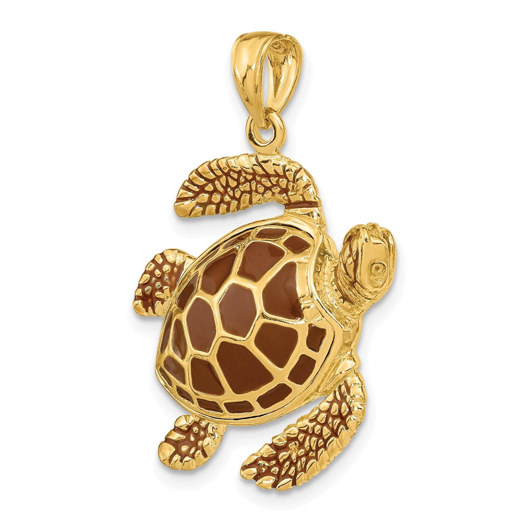 Lovely Rita's Pendants & Charms 14k Yellow Gold Casted Solid Polished Finish 3D Brown Enamel Large Sea Turtle Charm Pendant