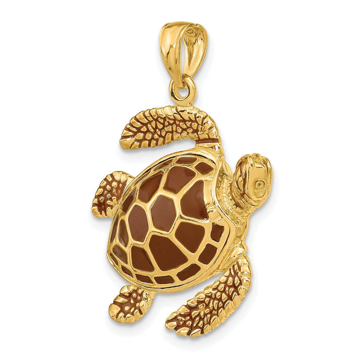 Lovely Rita's Pendants & Charms 14k Yellow Gold Casted Solid Polished Finish 3D Brown Enamel Large Sea Turtle Charm Pendant