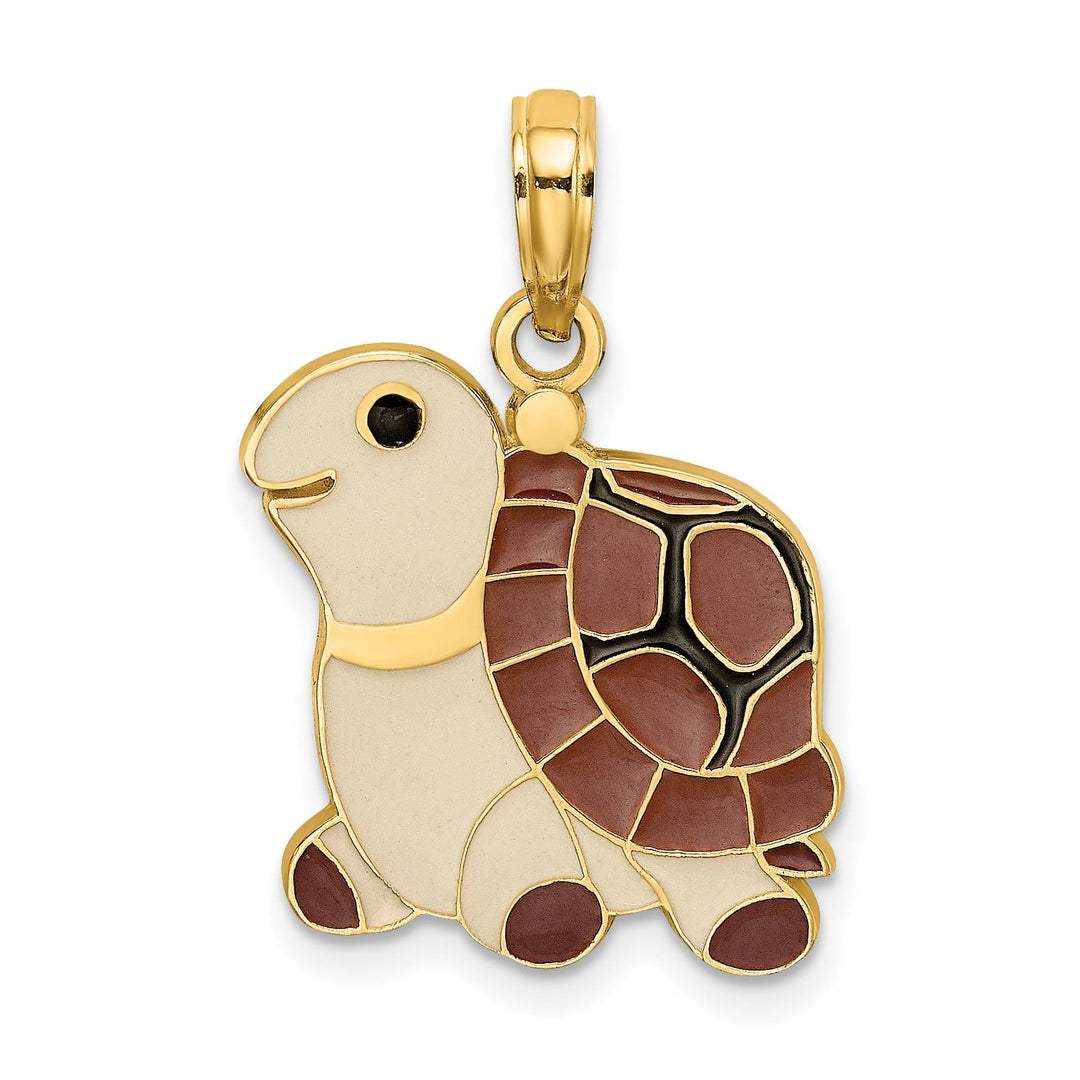 Lovely Rita's Pendants & Charms 14k Yellow Gold Casted Solid Polished Finish Brown, Tan and Black Enamel Turtle Charm Pendant
