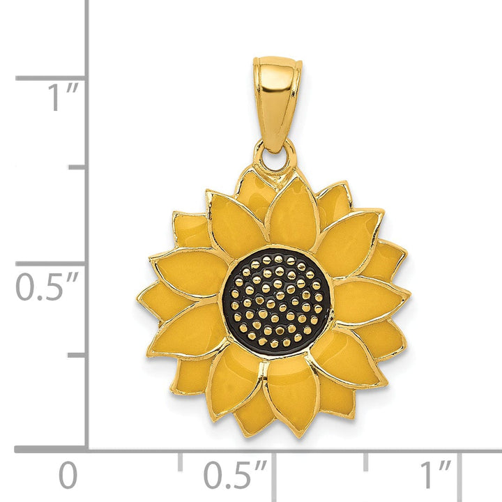 Lovely Rita's Pendants & Charms 14k Yellow Gold Casted Textured Back Solid Polished Finish Enameled Black and Yellow Sunflower Charm Pendant