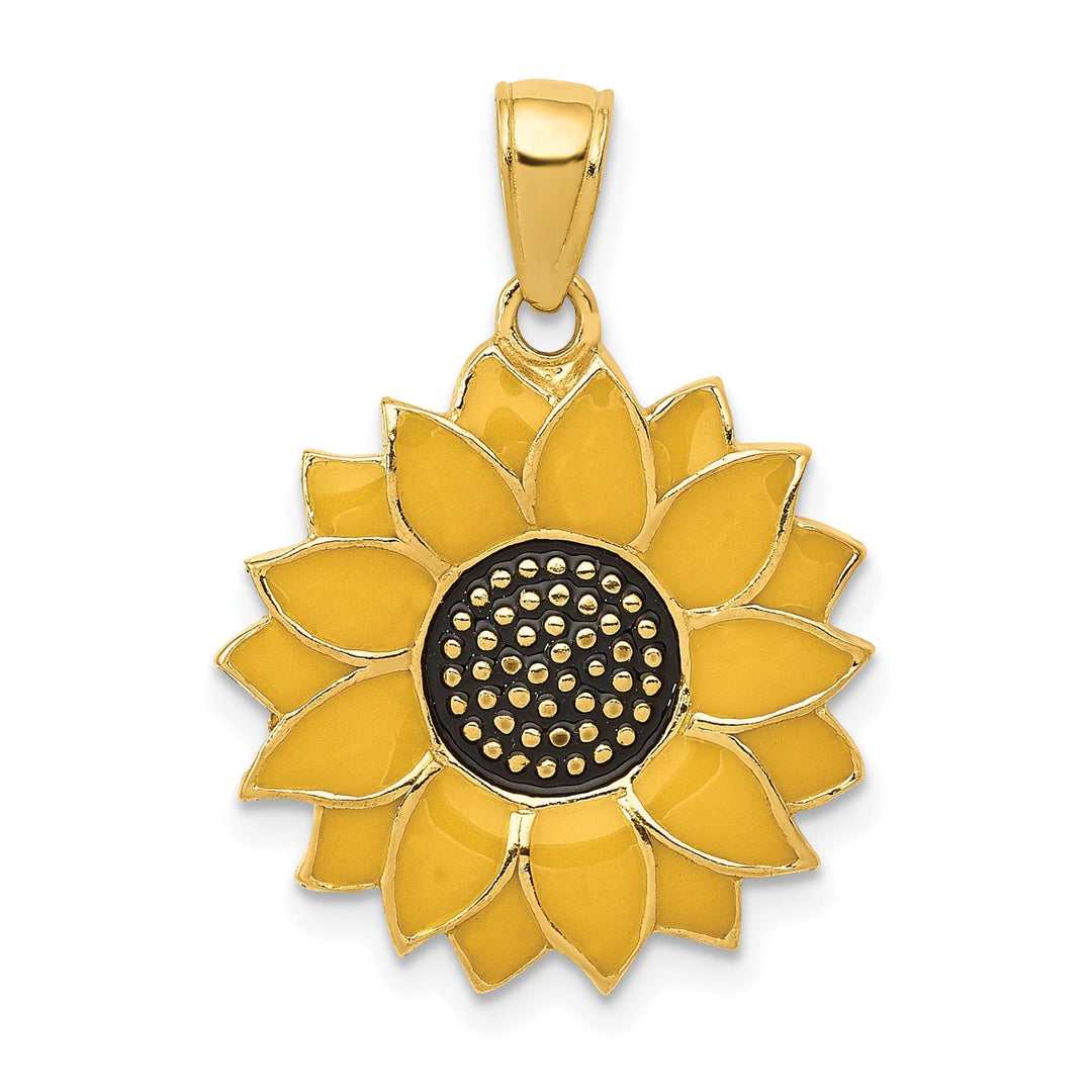 Lovely Rita's Pendants & Charms 14k Yellow Gold Casted Textured Back Solid Polished Finish Enameled Black and Yellow Sunflower Charm Pendant