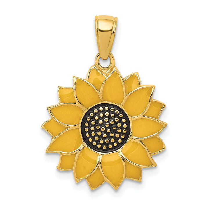 Lovely Rita's Pendants & Charms 14k Yellow Gold Casted Textured Back Solid Polished Finish Enameled Black and Yellow Sunflower Charm Pendant