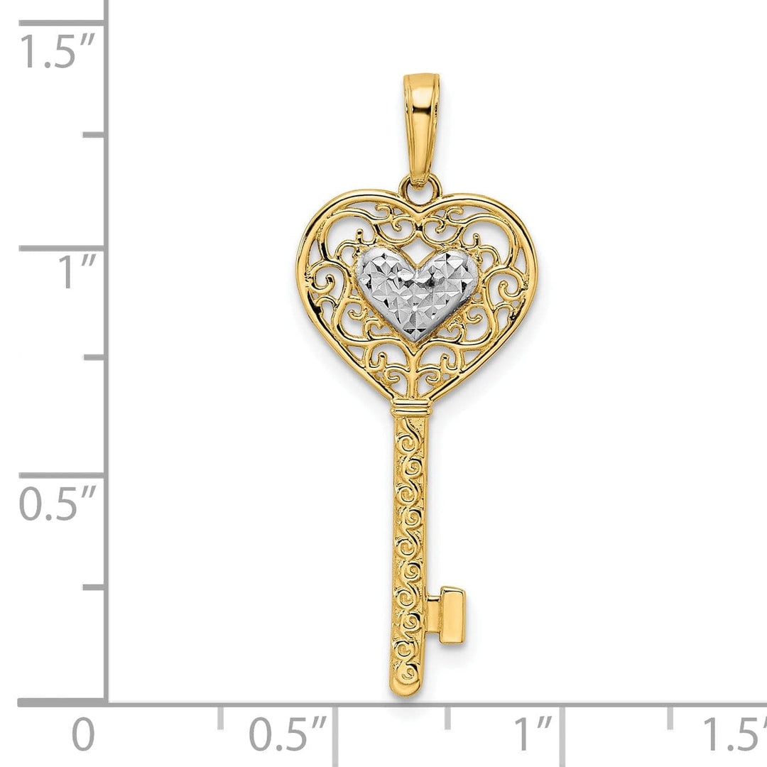 Lovely Rita's Pendants & Charms 14k Yellow Gold D.C Finish Concave Heart Filigree Design Key Charm Pendant
