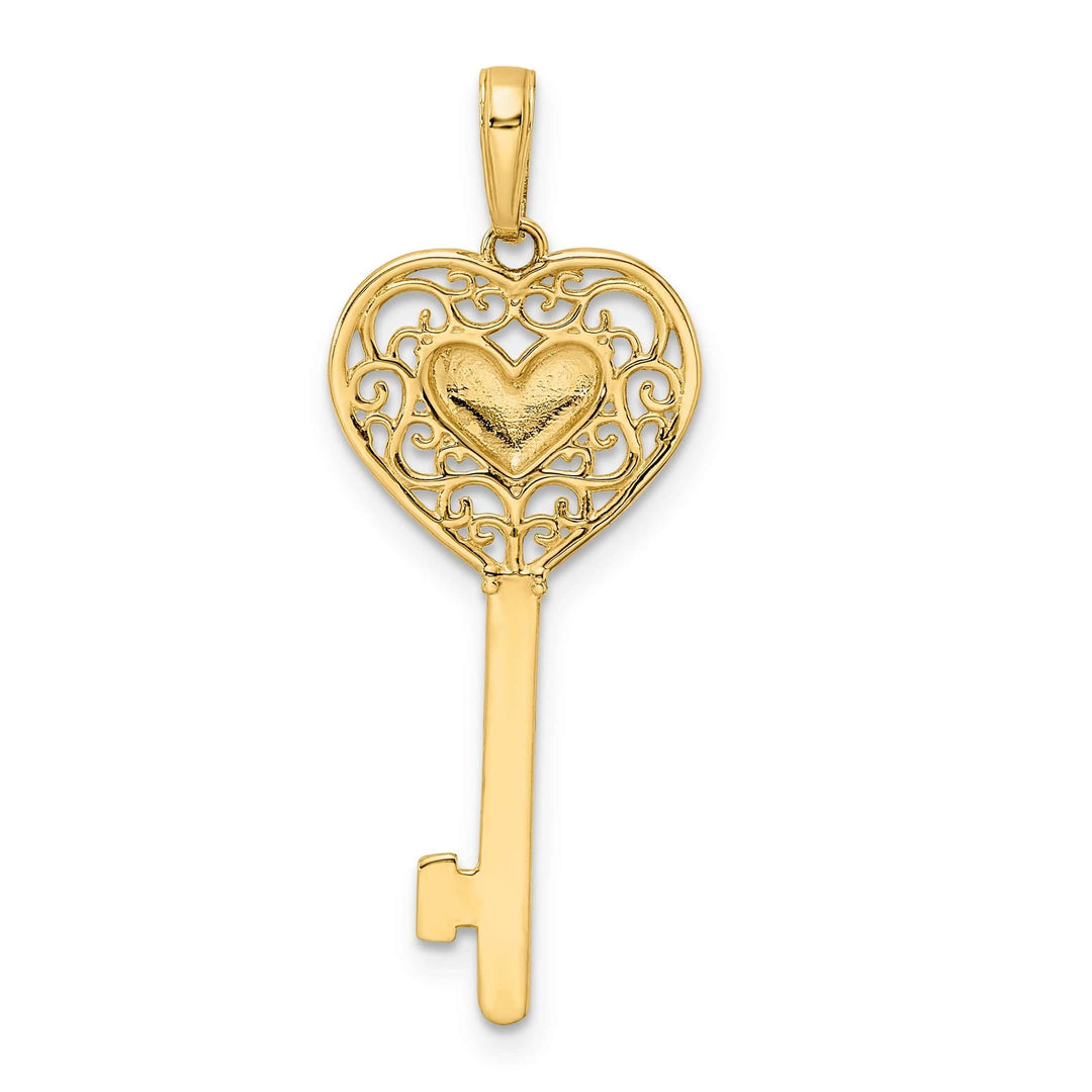 Lovely Rita's Pendants & Charms 14k Yellow Gold D.C Finish Concave Heart Filigree Design Key Charm Pendant