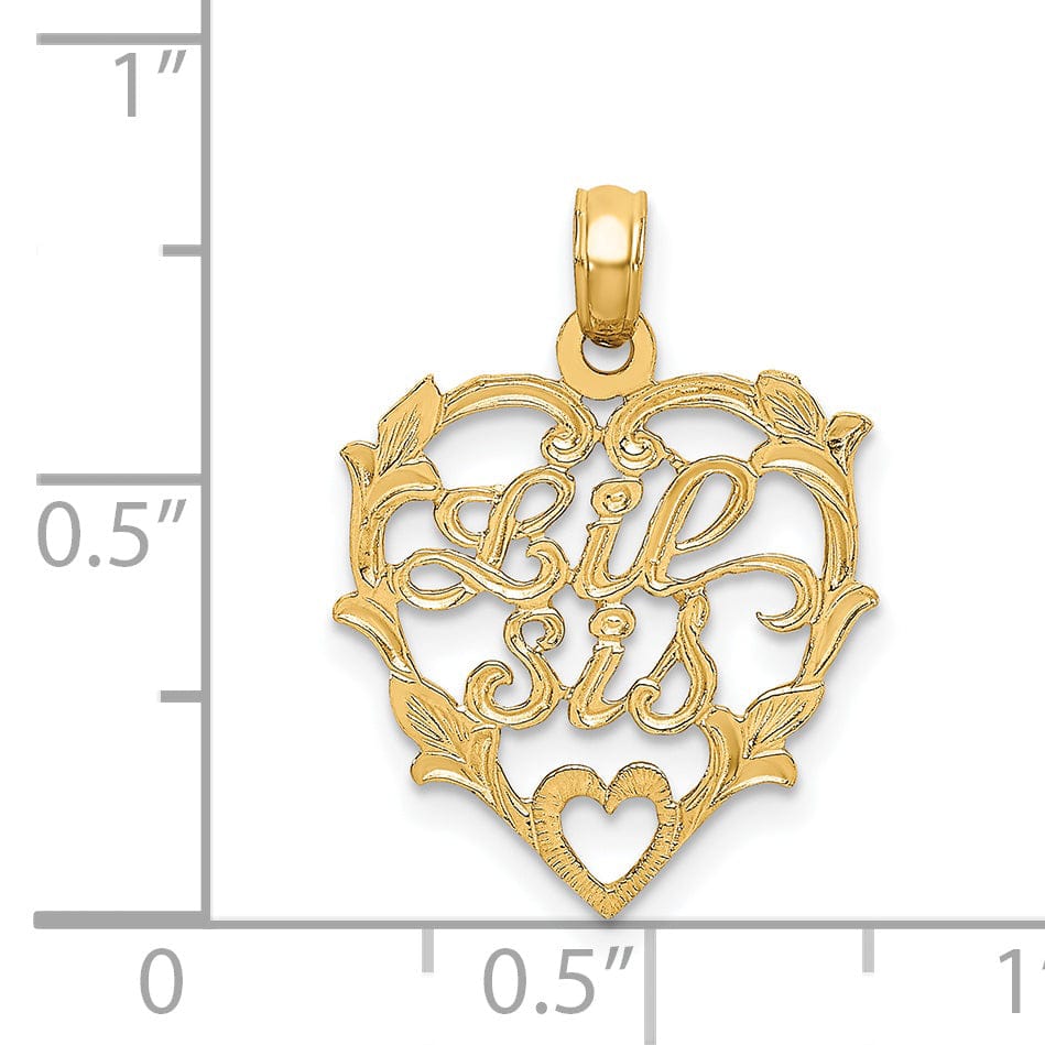 Lovely Rita's Pendants & Charms 14K Yellow Gold Flat Back Textured Finish LIL SIS in Heart leaf Design Frame Charm Pendant