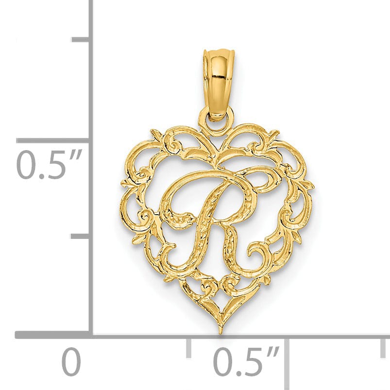 Lovely Rita's Pendants & Charms 14K Yellow Gold Heart Shape Fancy Script Letter R Initial Charm Pendant