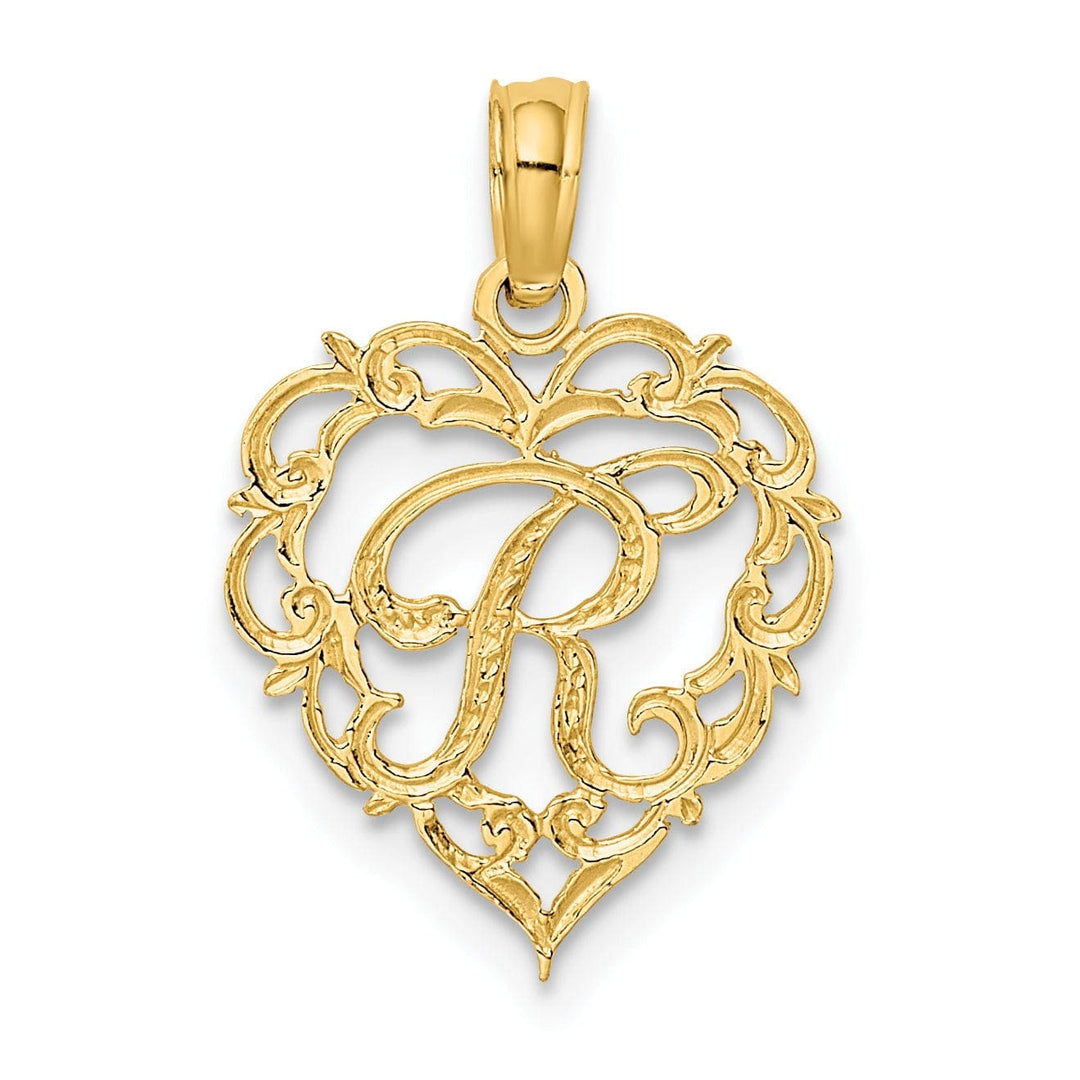 Lovely Rita's Pendants & Charms 14K Yellow Gold Heart Shape Fancy Script Letter R Initial Charm Pendant