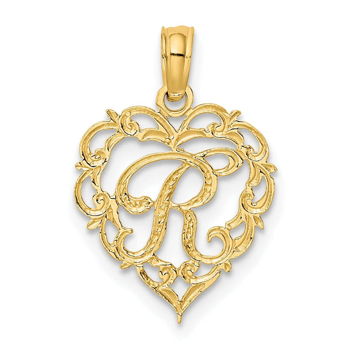 Lovely Rita's Pendants & Charms 14K Yellow Gold Heart Shape Fancy Script Letter R Initial Charm Pendant