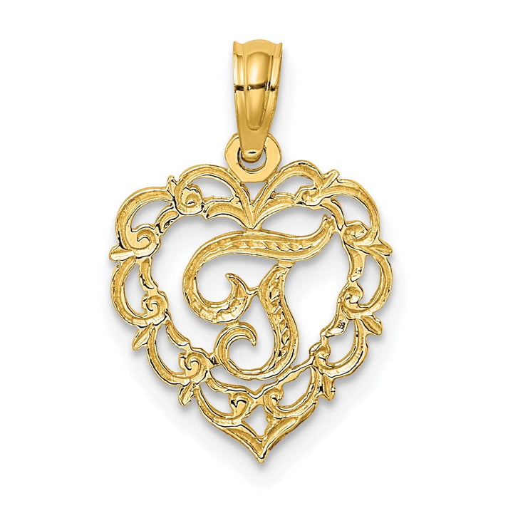 Lovely Rita's Pendants & Charms 14K Yellow Gold Heart Shape Fancy Script Letter T Initial Charm Pendant