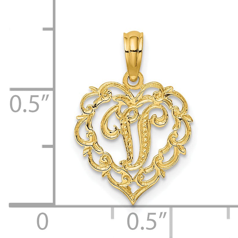 Lovely Rita's Pendants & Charms 14K Yellow Gold Heart Shape Fancy Script Letter V Initial Charm Pendant