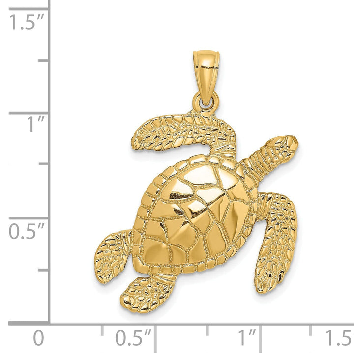 Lovely Rita's Pendants & Charms 14k Yellow Gold Large Solid Casted Polished and Textured Finish Swimming Sea Turtle Charm Pendant