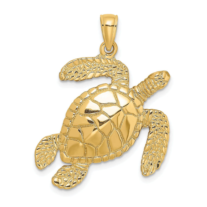 Lovely Rita's Pendants & Charms 14k Yellow Gold Large Solid Casted Polished and Textured Finish Swimming Sea Turtle Charm Pendant