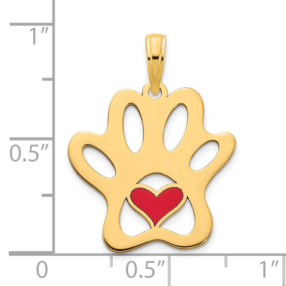 Lovely Rita's Pendants & Charms 14k Yellow Gold Open Back Polished Epoxy Finish Paw Print with Heart Charm Pendant