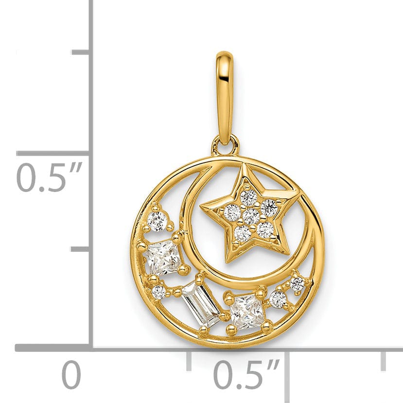 Lovely Rita's Pendants & Charms 14k Yellow Gold Open Back Polished Finish Cubic Zirconia Stone Star & Moon Design Charm Pendant