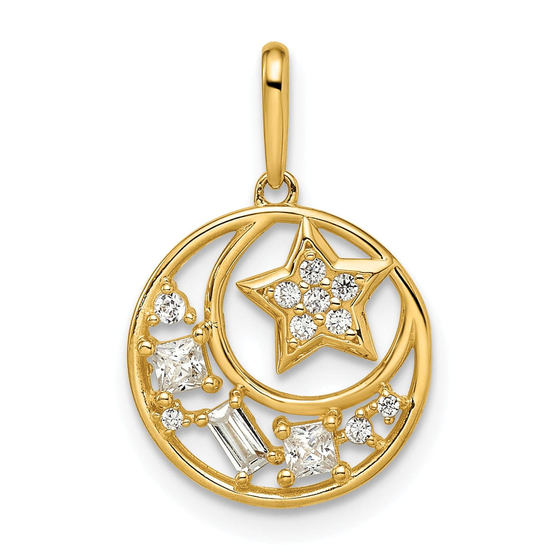 Lovely Rita's Pendants & Charms 14k Yellow Gold Open Back Polished Finish Cubic Zirconia Stone Star & Moon Design Charm Pendant