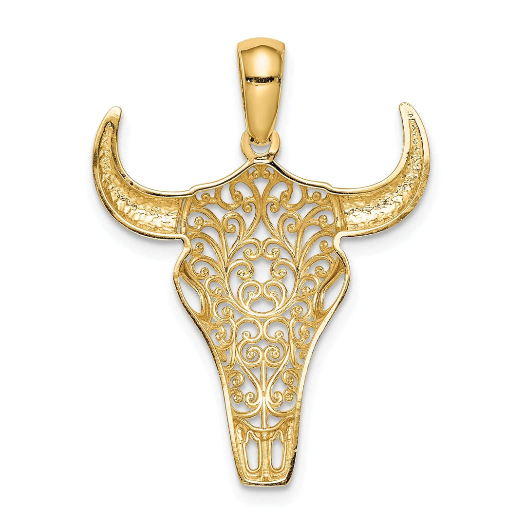 Lovely Rita's Pendants & Charms 14K Yellow Gold Open Back Polished Finish Filigree Design Steer Skull with Horns Charm Pendant