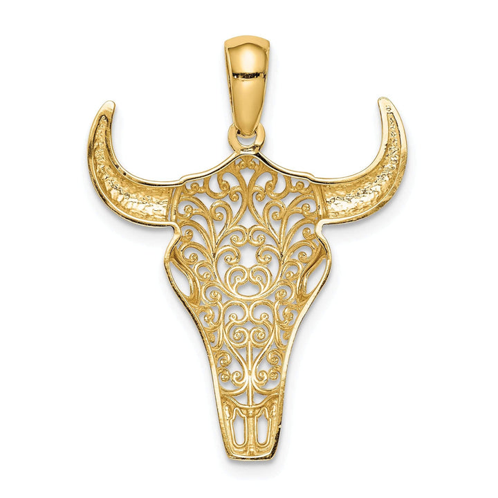 Lovely Rita's Pendants & Charms 14K Yellow Gold Open Back Polished Finish Filigree Design Steer Skull with Horns Charm Pendant