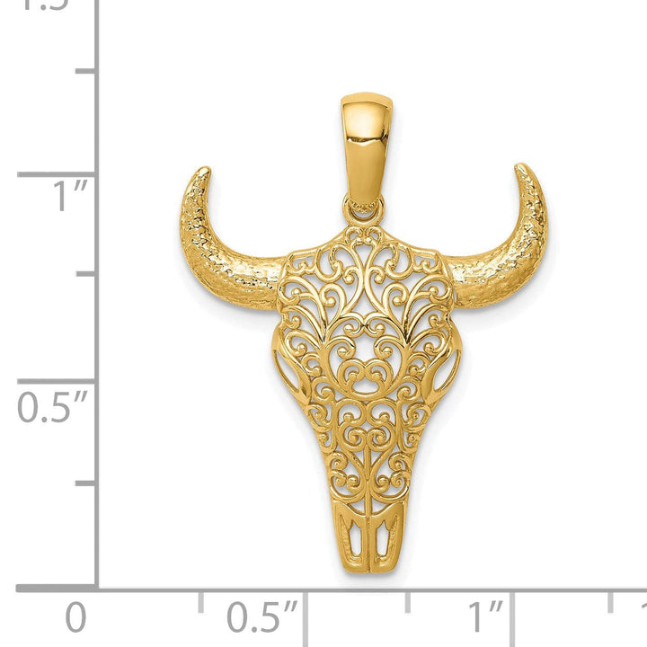 Lovely Rita's Pendants & Charms 14K Yellow Gold Open Back Polished Finish Filigree Design Steer Skull with Horns Charm Pendant