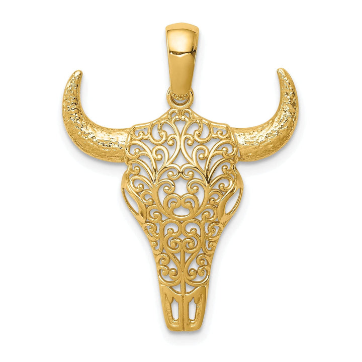 Lovely Rita's Pendants & Charms 14K Yellow Gold Open Back Polished Finish Filigree Design Steer Skull with Horns Charm Pendant