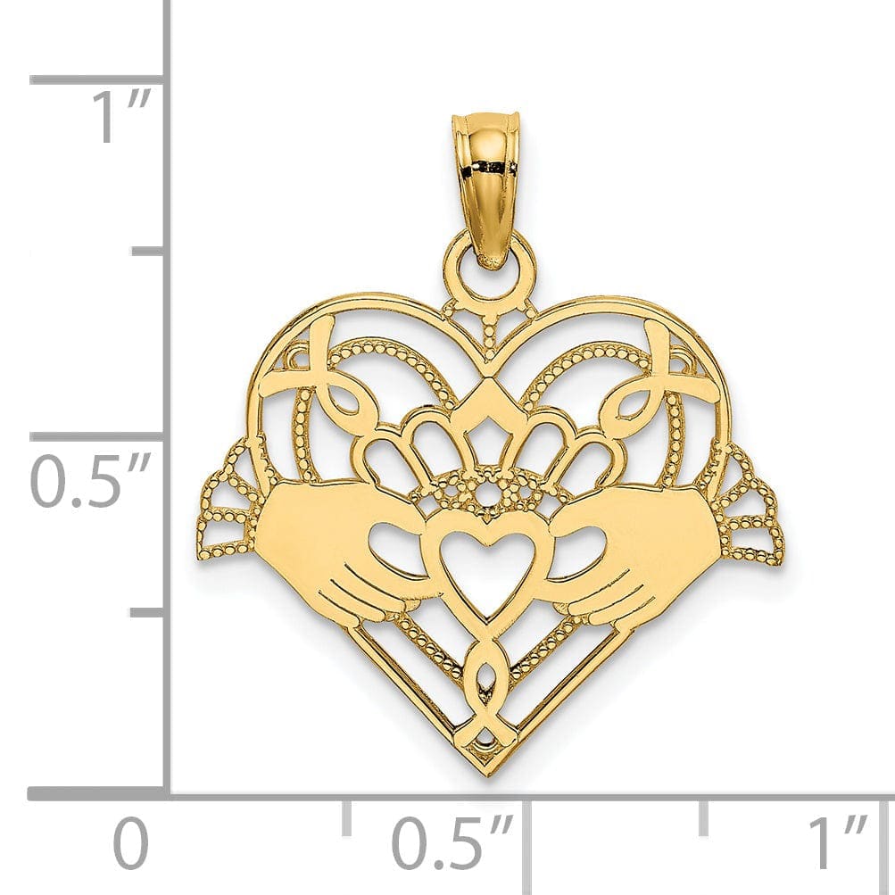 Lovely Rita's Pendants & Charms 14K Yellow Gold Open Back Polished Finish with Beaded Design Claddagh In Heart Charm Pendant