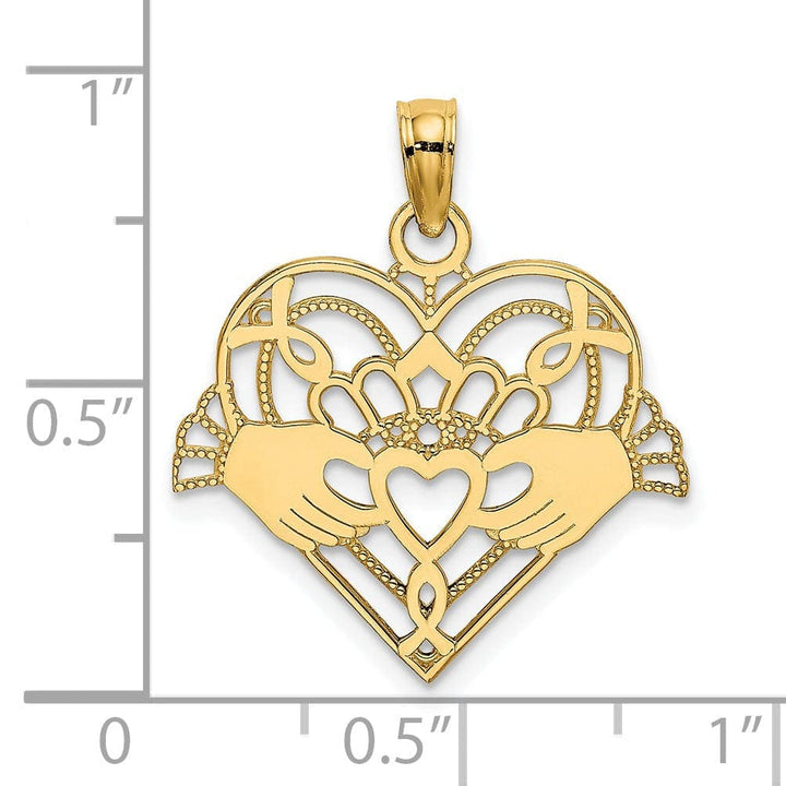 Lovely Rita's Pendants & Charms 14K Yellow Gold Open Back Polished Finish with Beaded Design Claddagh In Heart Charm Pendant