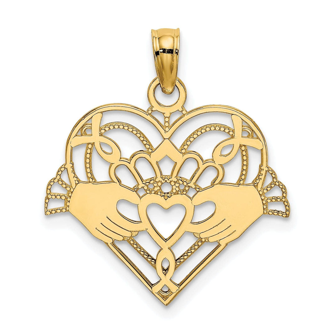 Lovely Rita's Pendants & Charms 14K Yellow Gold Open Back Polished Finish with Beaded Design Claddagh In Heart Charm Pendant