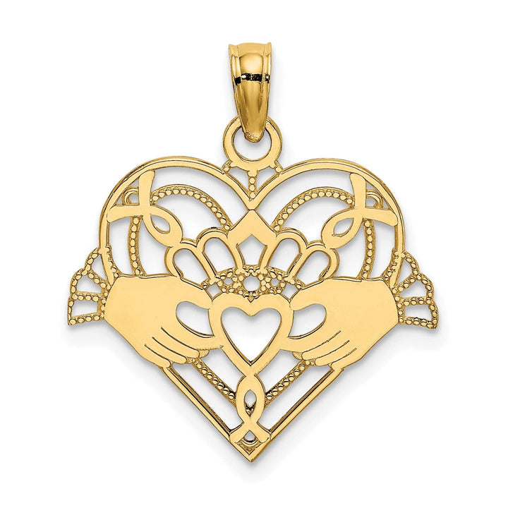 Lovely Rita's Pendants & Charms 14K Yellow Gold Open Back Polished Finish with Beaded Design Claddagh In Heart Charm Pendant