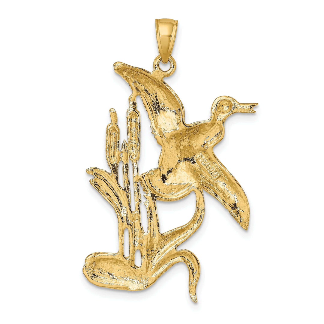 Lovely Rita's Pendants & Charms 14K Yellow Gold Open Back Polished Textured Finish Duck Flying From Willow Grass Design Charm Pendant