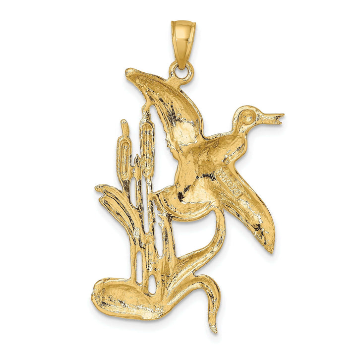 Lovely Rita's Pendants & Charms 14K Yellow Gold Open Back Polished Textured Finish Duck Flying From Willow Grass Design Charm Pendant