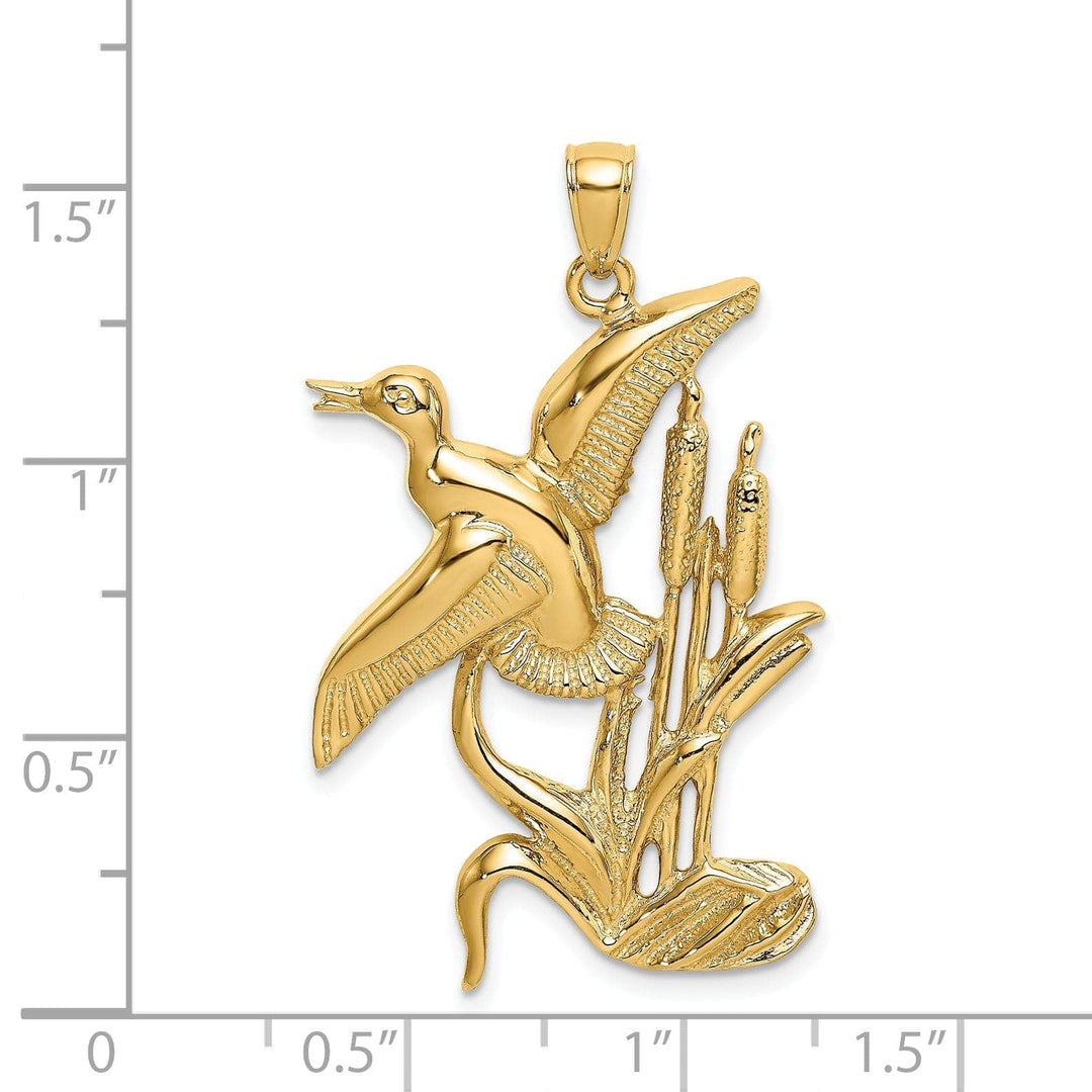 Lovely Rita's Pendants & Charms 14K Yellow Gold Open Back Polished Textured Finish Duck Flying From Willow Grass Design Charm Pendant