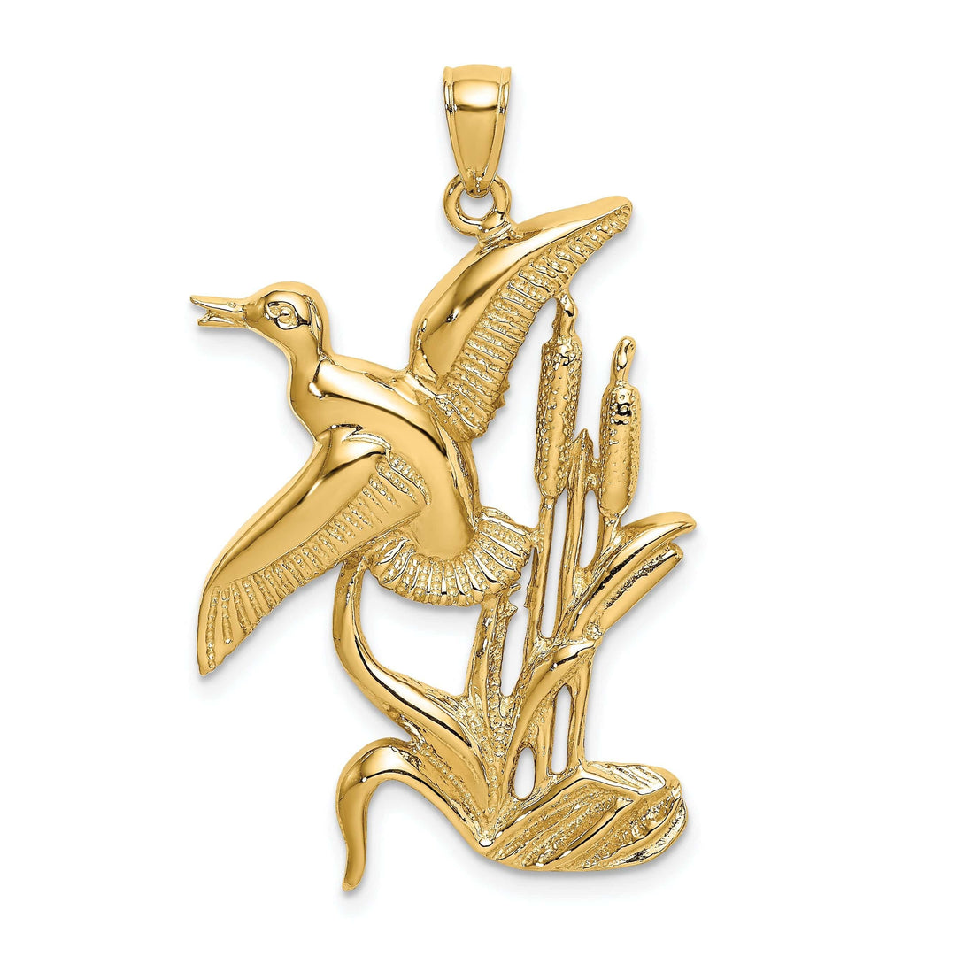 Lovely Rita's Pendants & Charms 14K Yellow Gold Open Back Polished Textured Finish Duck Flying From Willow Grass Design Charm Pendant