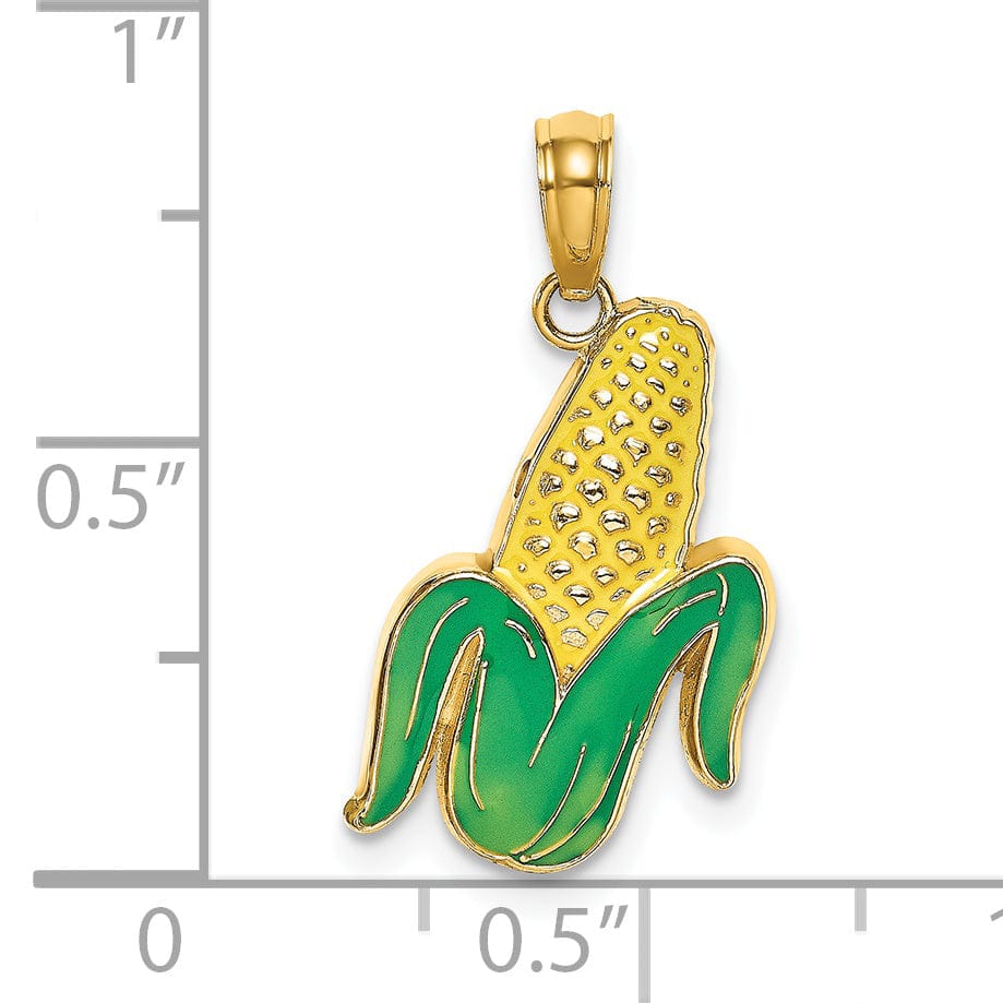 Lovely Rita's Pendants & Charms 14K Yellow Gold Open Back Polished Yellow, Green Enamel Finish Corn with Peeled Husk Design Charm Pendant