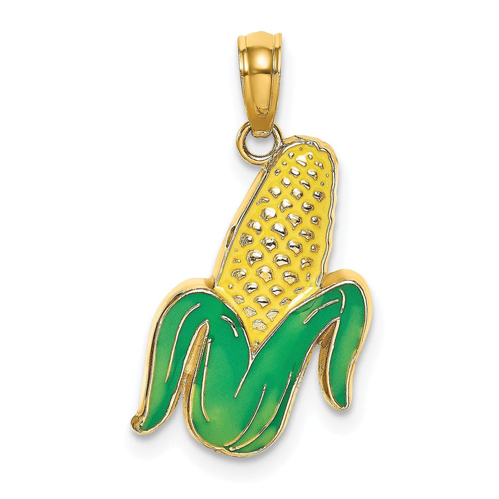 Lovely Rita's Pendants & Charms 14K Yellow Gold Open Back Polished Yellow, Green Enamel Finish Corn with Peeled Husk Design Charm Pendant