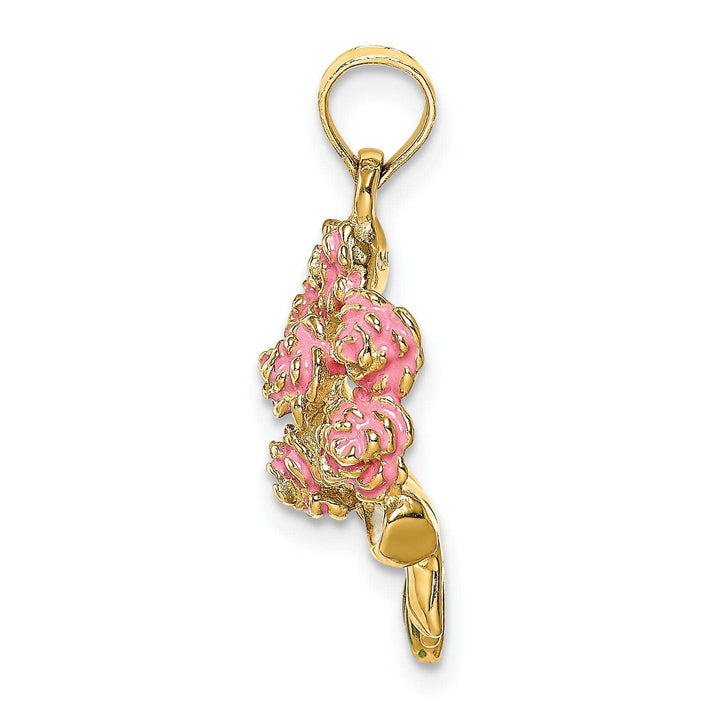 Lovely Rita's Pendants & Charms 14k Yellow Gold Open Back Solid Polished Finish Enameled Bouquet of Pink Roses Charm Pendant