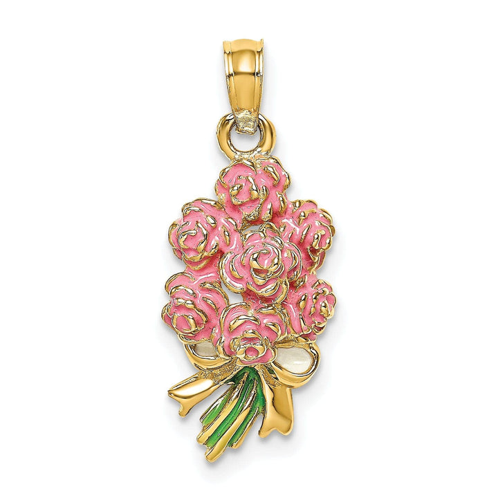 Lovely Rita's Pendants & Charms 14k Yellow Gold Open Back Solid Polished Finish Enameled Bouquet of Pink Roses Charm Pendant