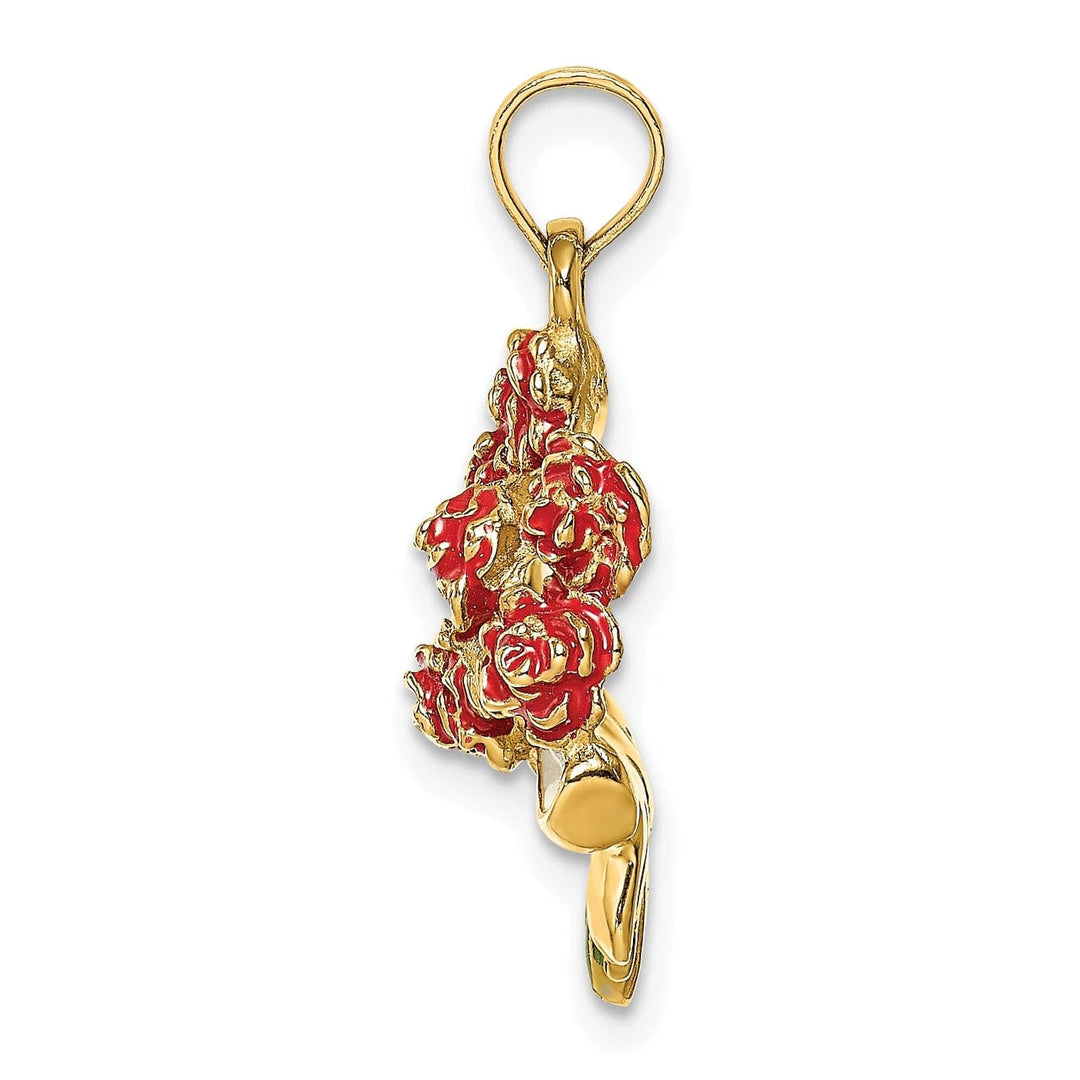 Lovely Rita's Pendants & Charms 14k Yellow Gold Open Back Solid Polished Finish Enameled Bouquet of Red Roses Charm Pendant