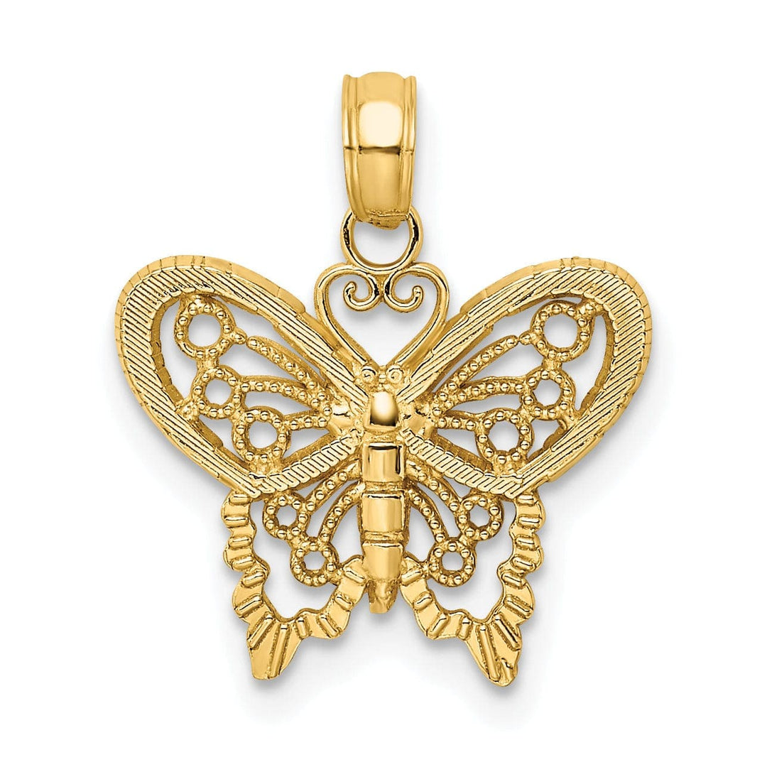 Lovely Rita's Pendants & Charms 14K Yellow Gold Open Back Solid Polished Finish Textured Filigree Beaded Butterfly Charm Pendant
