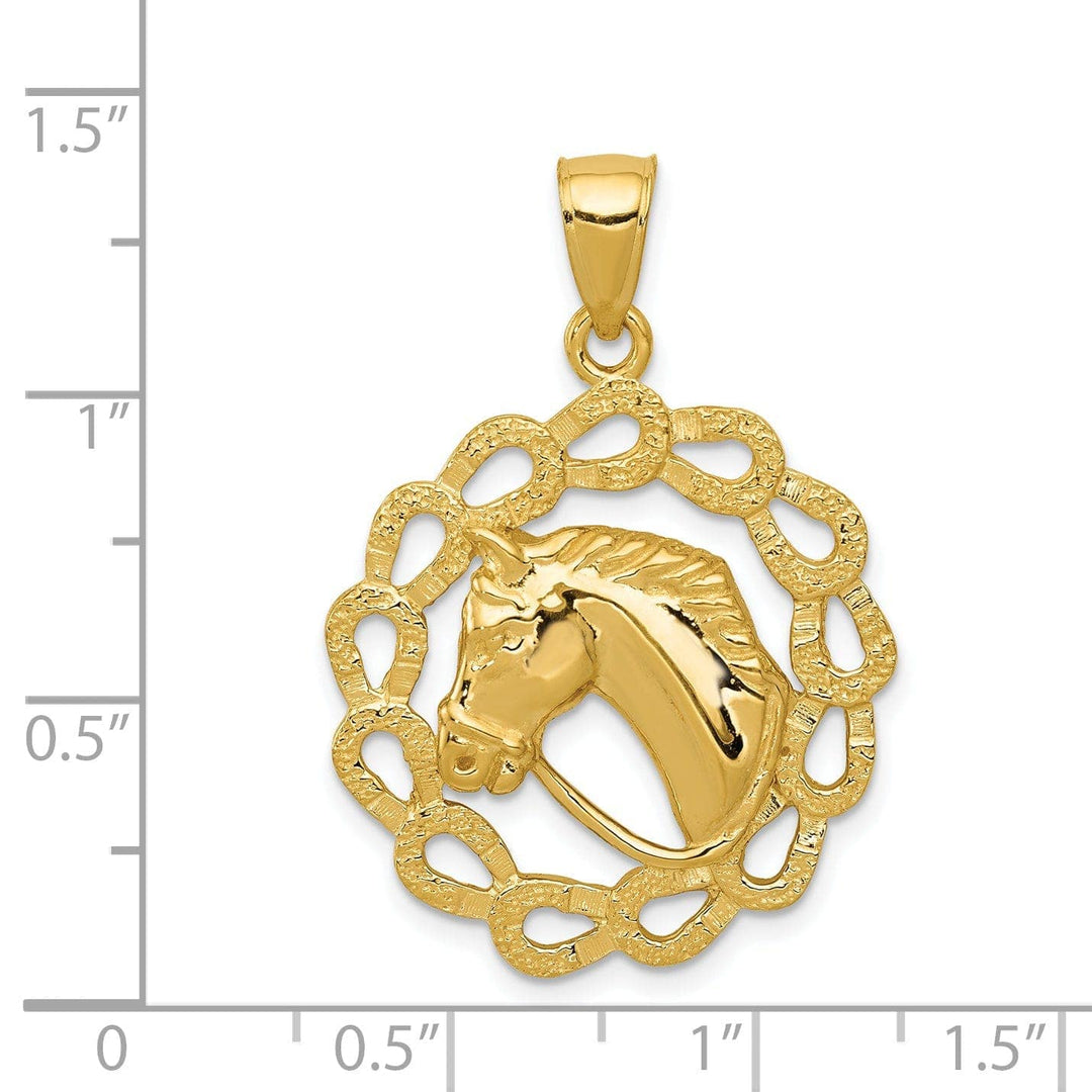 Lovely Rita's Pendants & Charms 14k Yellow Gold Open Back Solid Textured Polished Finish Horse Head with Horeshoe Design Charm Pendant