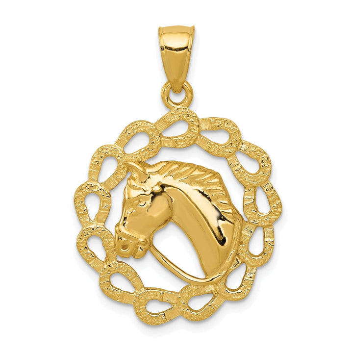 Lovely Rita's Pendants & Charms 14k Yellow Gold Open Back Solid Textured Polished Finish Horse Head with Horeshoe Design Charm Pendant