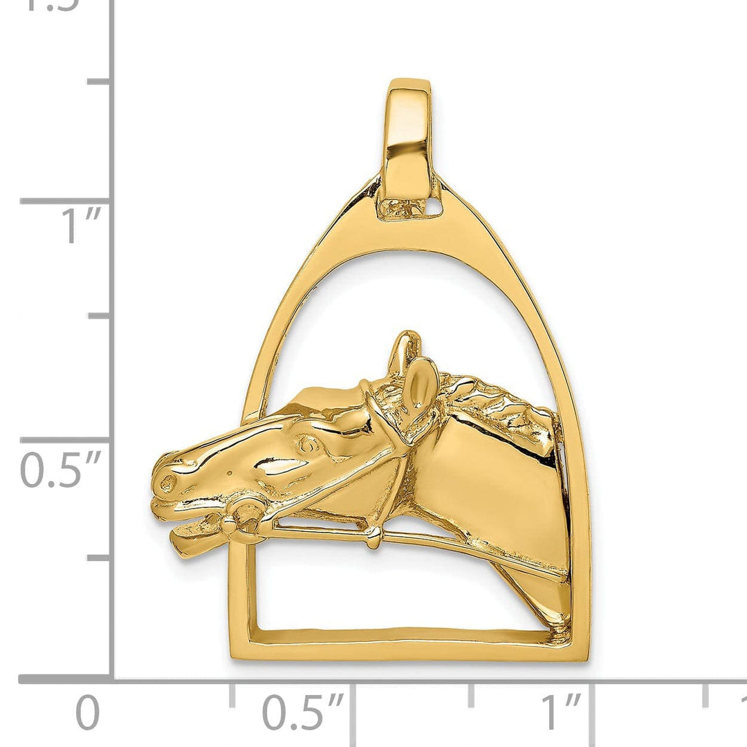 Lovely Rita's Pendants & Charms 14K Yellow Gold Open Back Texture Polished Finish Horse Head in Stirrup Charm Pendant