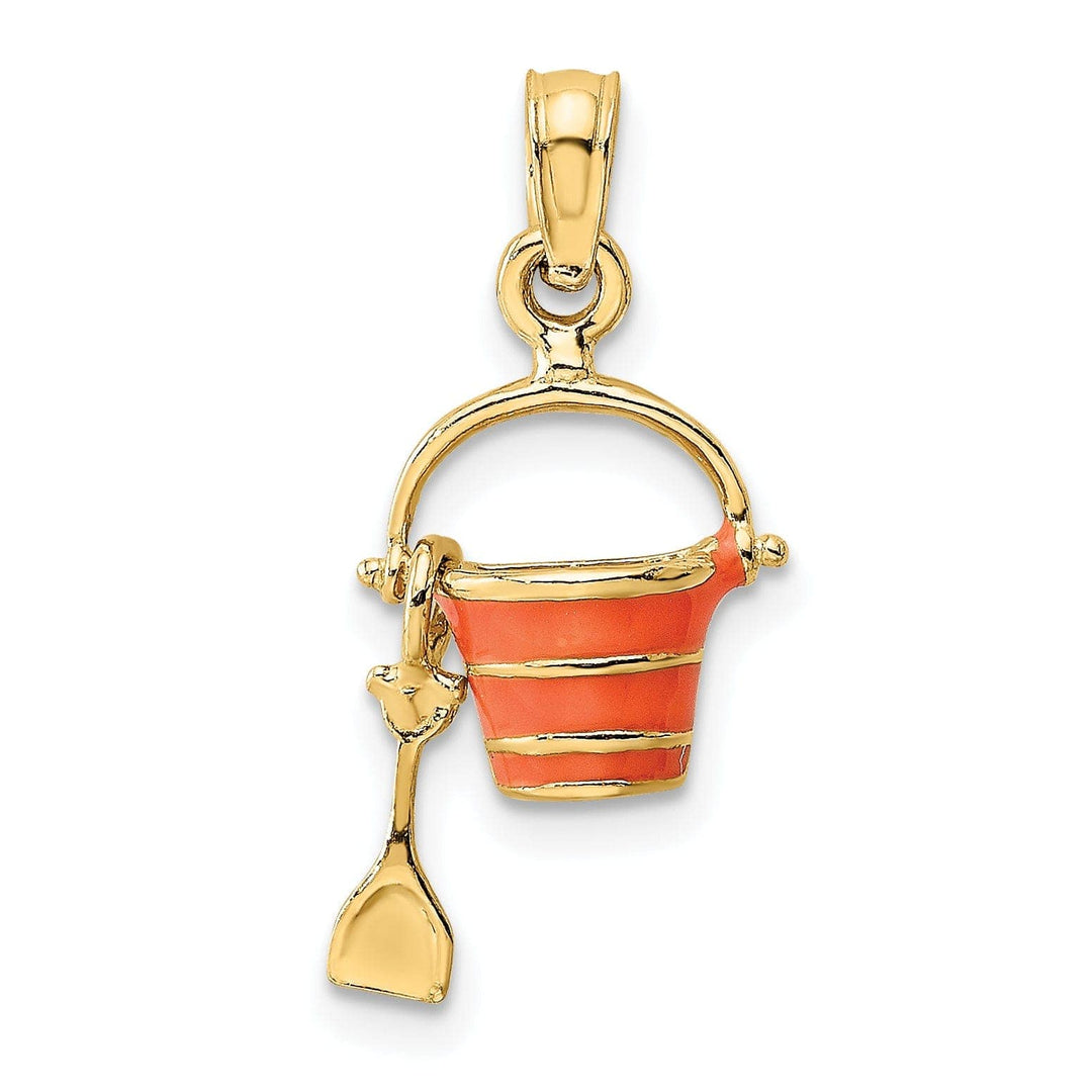 Lovely Rita's Pendants & Charms 14k Yellow Gold Orange Color Enameled Finish Moveable 2-D Beach Pail with Shovel Charm