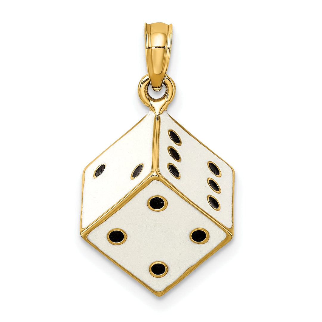 Lovely Rita's Pendants & Charms 14K Yellow Gold Polished Black and White Enamel Finish 3-Diamentional Dice Charm Pendant