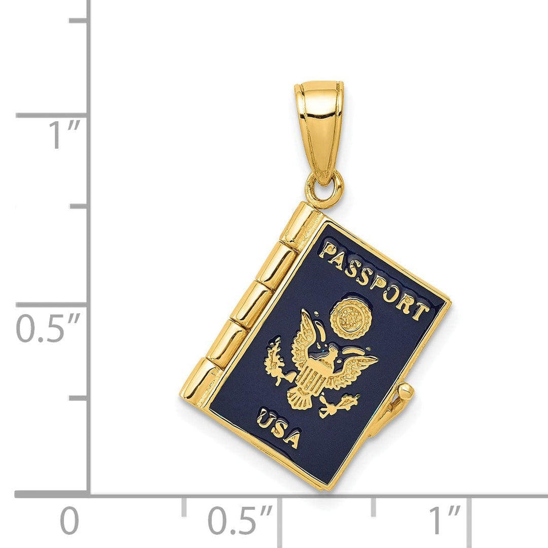 Lovely Rita's Pendants & Charms 14k Yellow Gold Polished Blue Enamel Finish 3-D U.S.A Passport Book Opens Pendant