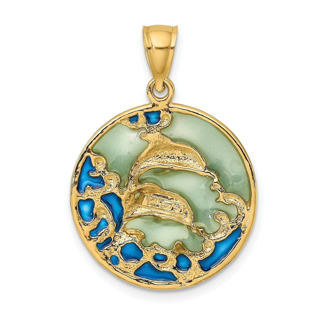 Lovely Rita's Pendants & Charms 14K Yellow Gold Polished Blue Green Enameled Finish Two Dolphins Swimming Design Charm Pendant